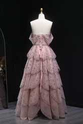 Dressystars Pink Off The Shoulder Prom Dress A Line Tiered Beaded Formal Dress